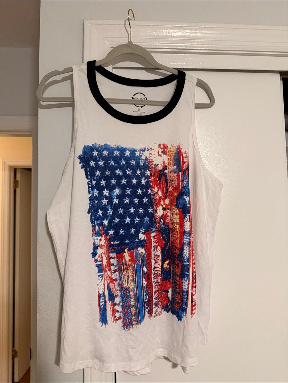 White Tank Top with Distressed American Flag Graphic